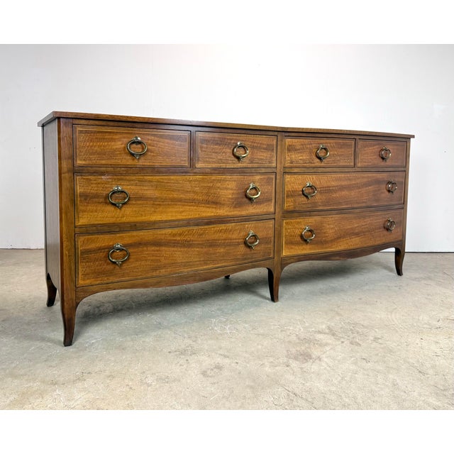 Traditional Mid 20th Century Baker Furniture Walnut /Satinwood Bow Front Long Dresser Chest of Drawers For Sale - Image 3 of 12