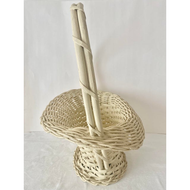 Cream Hand Woven Vintage Uniquely Shaped Basket With Wood Bottom and Handle. For Sale - Image 8 of 14