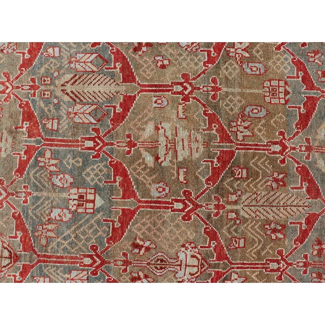 Kurdish Antique Gallery Runner With Tribal Design in Light Green, Tan and Red 5'6 X 10'11 For Sale - Image 4 of 16