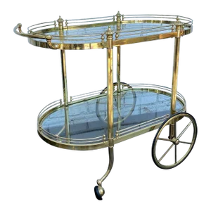 Mid 20th Century Vintage Mid-Century Two-Tier Polished Brass & Glass Rolling Serving Bar Cart