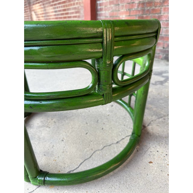 Mid 20th Century Mid-Century Bespoke Green Rattan Smoked Glass Side Table - Newly Painted For Sale - Image 5 of 12