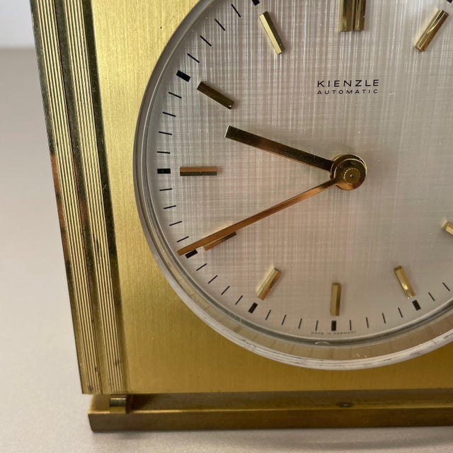 Gold Vintage Hollywood Regency Brass Glass Table Clock from Kienzle, Germany, 1960s For Sale - Image 8 of 16