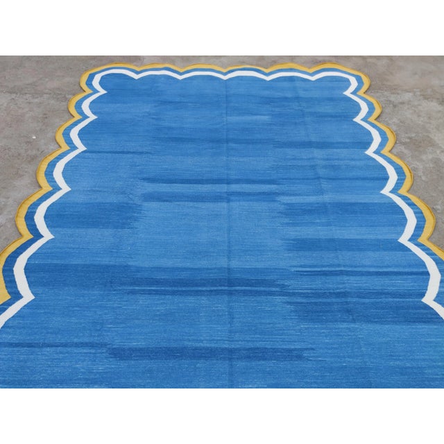 Textile Handmade Cotton Area Rug Natural Vegetable Dyed Blue Scalloped Rug Yellow Border - 6'x9' For Sale - Image 7 of 11