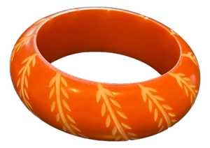 Vintage Bakelite Bangle Bracelet in Chunky Orange With Carved White Floral and Leaf Design, Domed