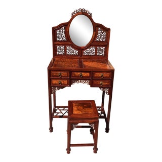 20th Century Chinese Burl Wood and Blackwood Dressing Table with Stool - 2 Pieces For Sale