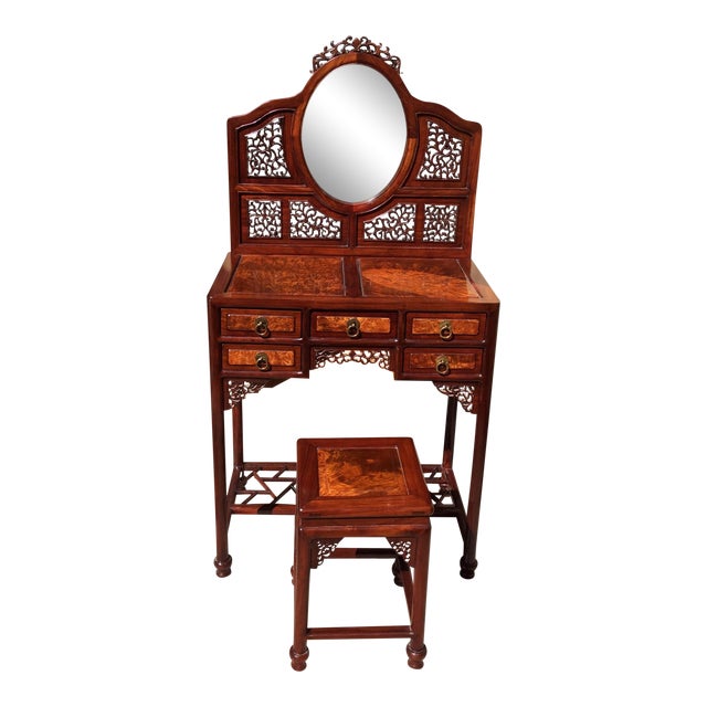 20th Century Chinese Burl Wood and Blackwood Dressing Table with Stool - 2 Pieces For Sale