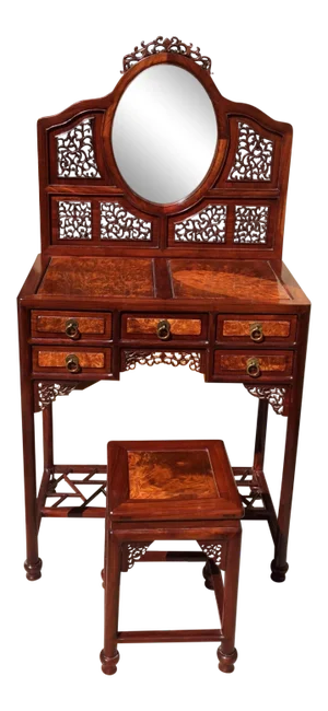 20th Century Chinese Burl Wood and Blackwood Dressing Table with Stool - 2 Pieces