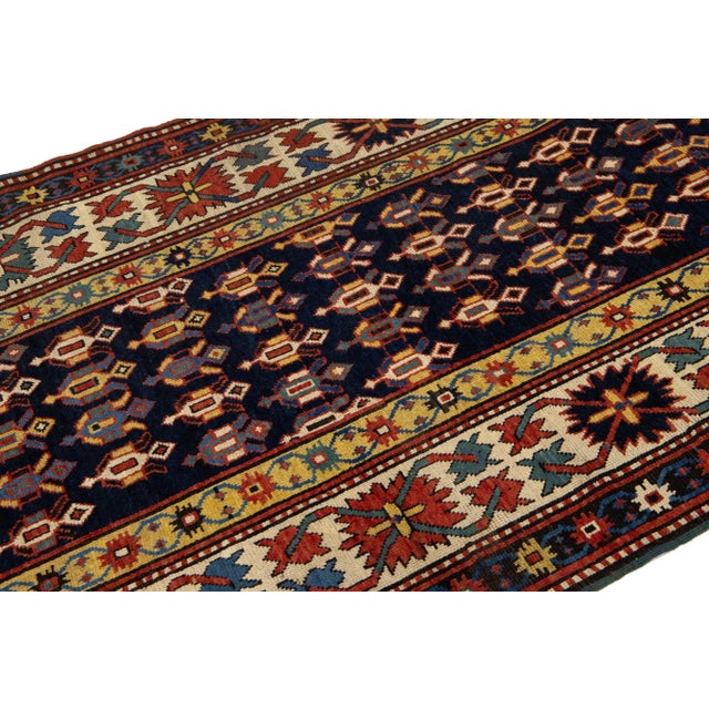 Textile Vintage Kazak Caucasian Wool Runner in Blue With Multicolor Allover Design For Sale - Image 7 of 8