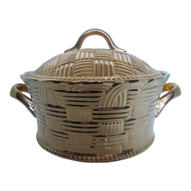 Mid 20th Century Gump’s Golden Glo Weave Covered Casserole by Hall China For Sale