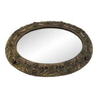 French Art Nouveau Gold Gilt Brass Oval Dresser/Vanity Mirror With Floral Design For Sale