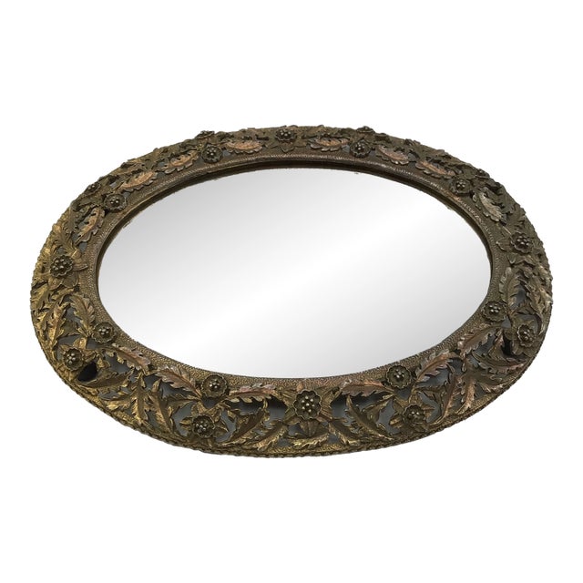 French Art Nouveau Gold Gilt Brass Oval Dresser/Vanity Mirror With Floral Design For Sale