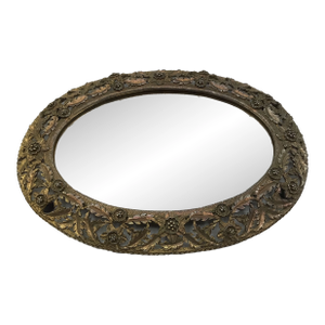 Vintage French Art Nouveau Gold Gilt Brass Oval Dresser/Vanity Mirror With Floral Design
