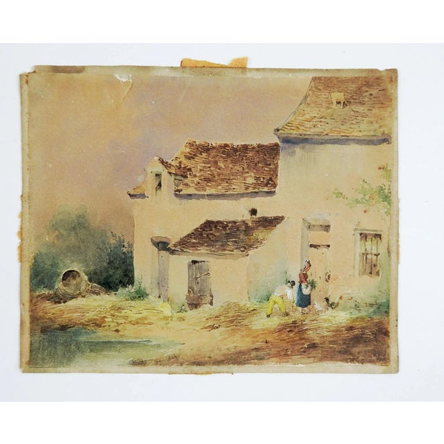 Small European watercolor on paper circa 1830's. Rustic scene with figures and tiny rooster. Unsigned. Unframed, age...