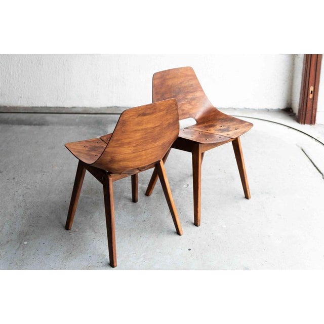 Wood Tonneau Dining Chairs by Pierre Guariche, Set of 6 For Sale - Image 7 of 18