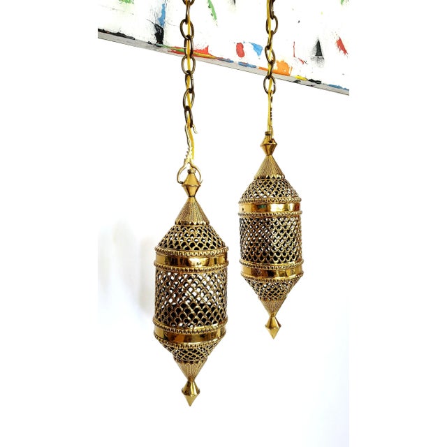 Metal Lamp Pair Brass Pendant Lights Restored For Sale - Image 7 of 14