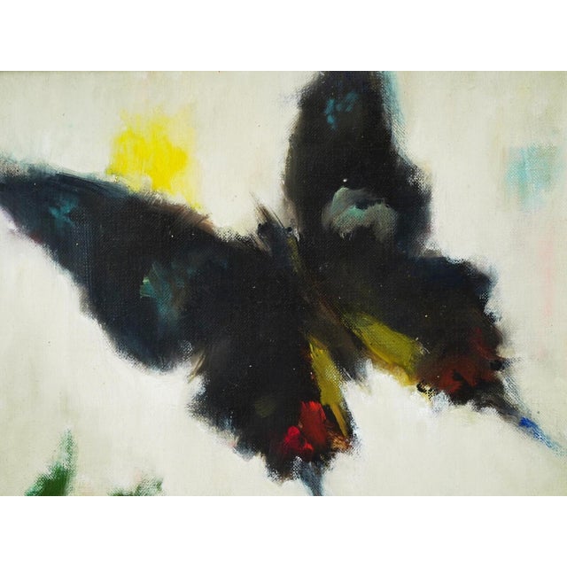 Mid-Century Modern Mid-Century Modernist Butterfly Oil Painting in Distressed Wood Frame, Mid-Century For Sale - Image 3 of 5