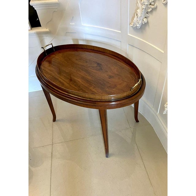 Brown Large Antique Edwardian Oval Figured Mahogany Tea Tray on Stand, 1900s For Sale - Image 8 of 12