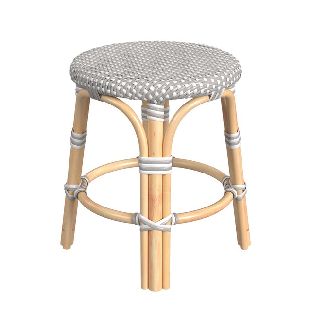 2020s Tobias 18 in. Seat Height Round Rattan Dining Stool, Gray/White Dot / Natural Rattan Frame For Sale - Image 5 of 7