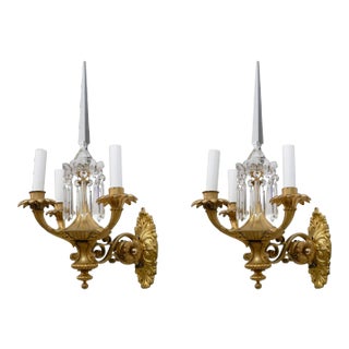 19th Century English Gilt Brass and Crystal Neoclassical Style Sconces - A Pair For Sale