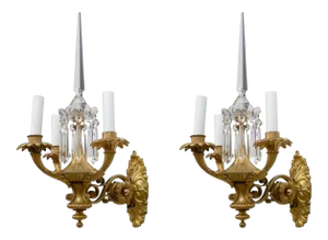 19th Century English Gilt Brass and Crystal Neoclassical Style Sconces - A Pair