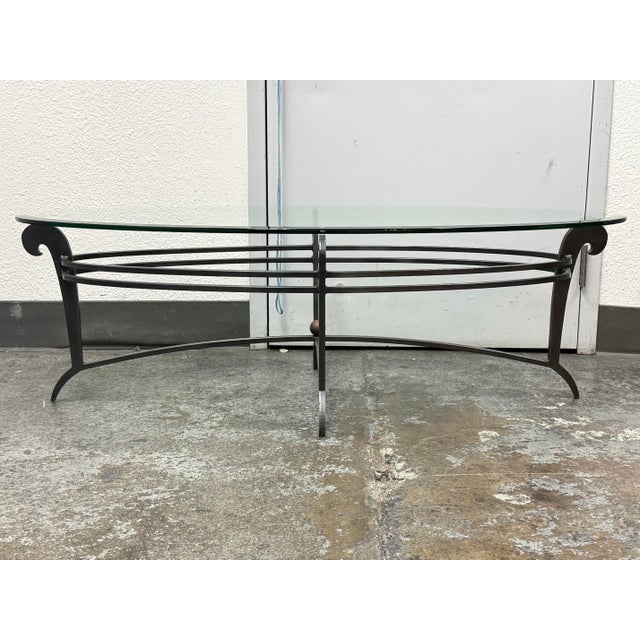 French Art Deco Style Wrought Iron Oval Glass Coffee Table For Sale In San Francisco - Image 6 of 12