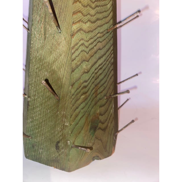 Brutalist 1920s Colonial Williamsburg Apple Tree Cone Centerpiece Wood Fruit Cone Vintage Brutalist Art. Handmade Green-Painted Wooden Cone Hammered Nails. For Sale - Image 3 of 10