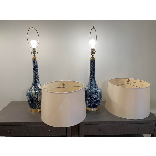 2010s Blue and White Table Lamps With Shades - a Pair For Sale - Image 5 of 8