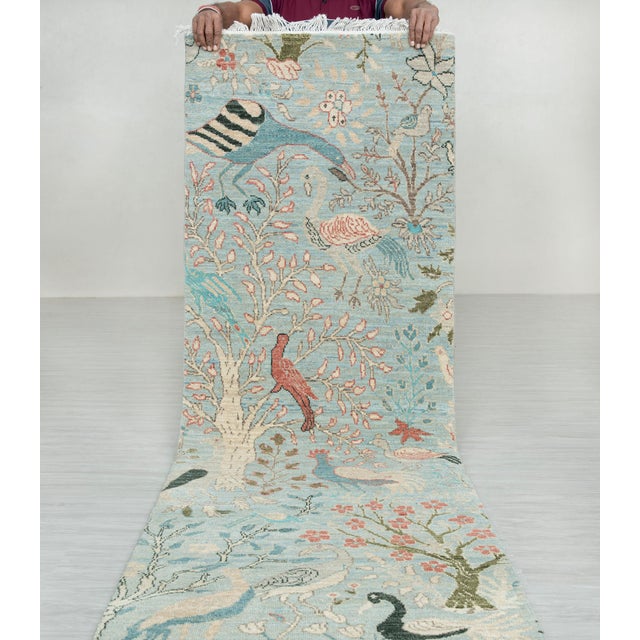 2.6x15ft. Light Blue Peacock Bird Garden Hand Knotted Wool Rug For Sale - Image 13 of 18