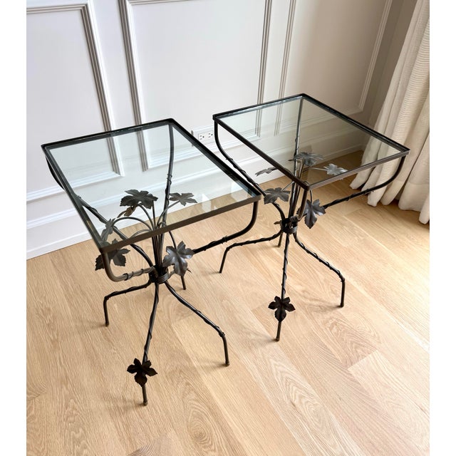 French Vintage Sculptural Wrought Iron Ivy Leaf Glass-Top Side Tables by Scully & Scully – Pair For Sale - Image 3 of 10