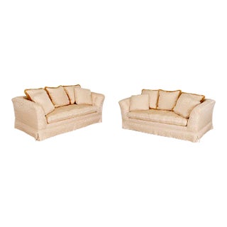 Matching Pair Late 20th C. Custom Upholstered Cream Silk Damask 3-Seat Sofas For Sale