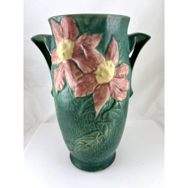 Roseville Pottery Mid 20th Century Roseville Clematis 2 Handle Vase For Sale - Image 4 of 7