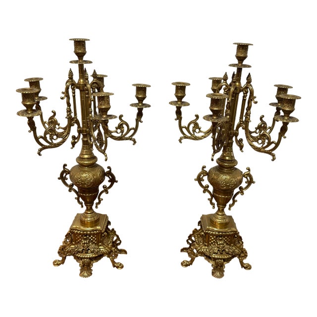 Large Pair of French Rococo Revival 6-Light Gilt Metal Candelabra, 24” Tall For Sale