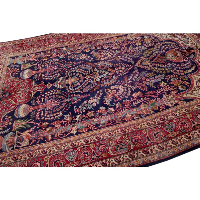 1960s Vintage Persian Kashan Handmade Navy Blue Floral Wool Rug For Sale In New York - Image 6 of 7