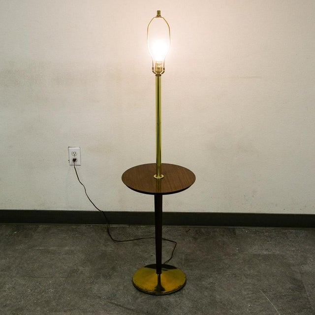 1960s Mid Century Modern Floor Lamp Side Table Brass Round Built Side Table Lighting For Sale - Image 4 of 11