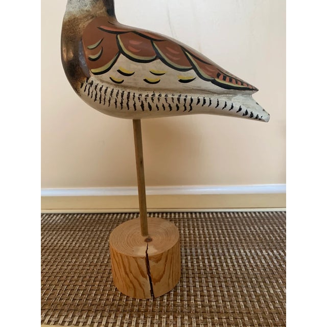 Vintage Hand Carved Wood Shorebird Statue, Hand Painted Wooden Bird on Stand For Sale - Image 6 of 11