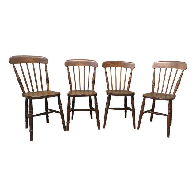 Beech and Elm Seated Stick Back Kitchen Dining Chairs, 1900s, Set of 4 For Sale