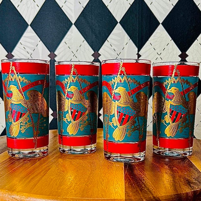 Metal 1960s Americana Gold Eagle Regimental Drum Highball Glasses 22k Vintage Set of 4 For Sale - Image 7 of 11