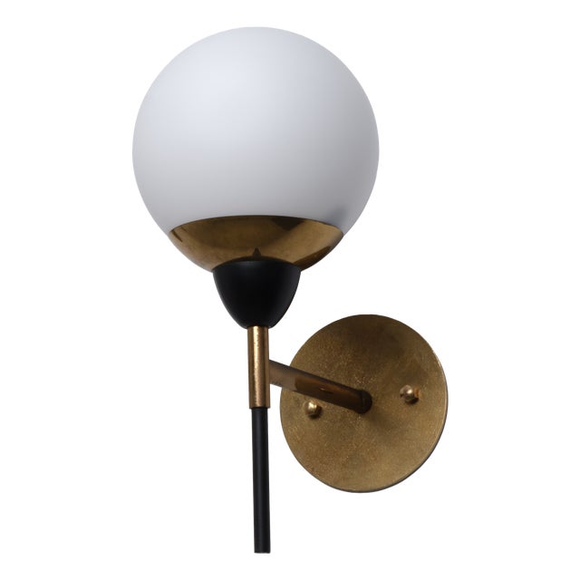 Italian Brass Black Lacquered Metal and Opaline Glass Globe Wall Sconce, 1950s For Sale