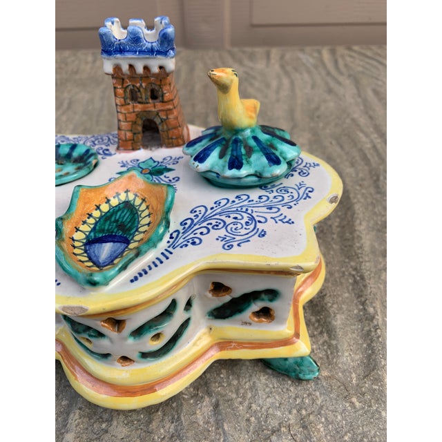 Early 20th Century Italian Provincial Deruta Hand Painted Allegorical Faience Inkwell For Sale In South Bend - Image 6 of 12