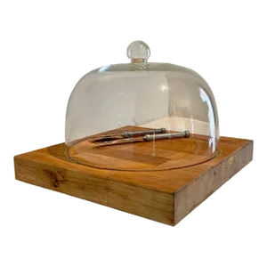 Charcuterie Set with Domed Glass Lid Wooden Board Knife & Fork - 4 Pieces