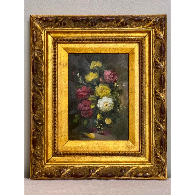 Pair of 20th Century Oil on Board Floral Still Life Paintings in Giltwood Frames For Sale - Image 4 of 12