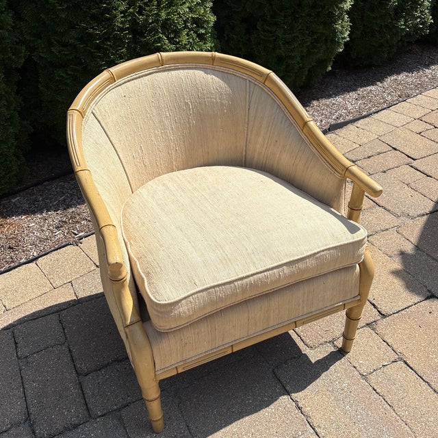Faux Bamboo Barrel Style Chair Curbed Wooden Frame. Textured Clean Fabric.