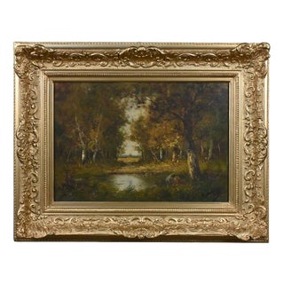 Salvignac, Pond Under the Woods, Early 20th Century, Oil on Canvas, Framed For Sale