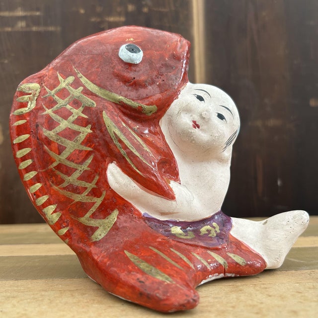 Vintage Japanese Kintarō with Carp Figurine, 1950s For Sale - Image 9 of 13