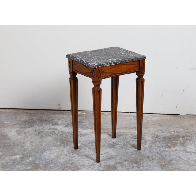 French Neoclassical Style 19th Century Wooden Table with Grey Veined Marble Top For Sale - Image 4 of 12