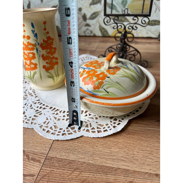 Mid-Century Modern Vintage Floral Hand Painted Dishes, Vase and Bowl With Lid - a Pair For Sale - Image 3 of 8