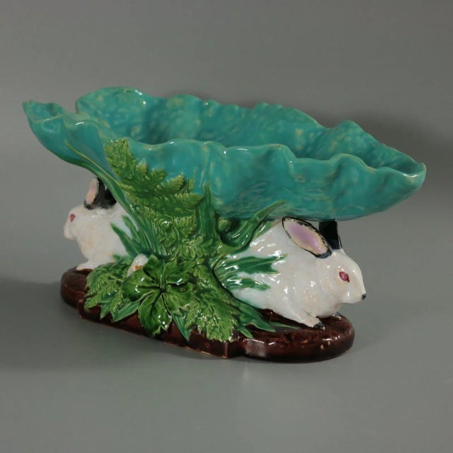 Late 19th Century Minton Majolica Rabbits With Leaf Dish For Sale - Image 6 of 13