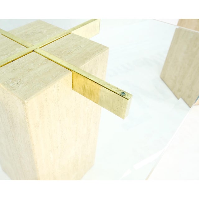 Metal Pair Travertine Bases Cross Support Glass Top End Side Occational Tables Stands For Sale - Image 7 of 15