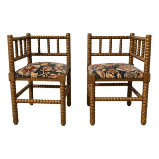 20th Century Corner Chairs in Turned Wood with Bobbins and Fabric Seats, 1950s, Set of 2 For Sale