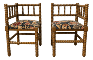 20th Century Corner Chairs in Turned Wood with Bobbins and Fabric Seats, 1950s, Set of 2